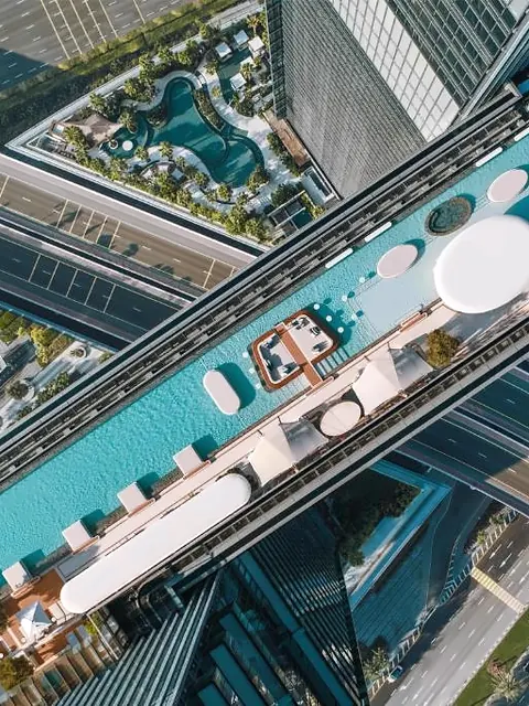 Aerial view of the pool on The Link, the bridge between the two One Za'abeel towers in Dubai